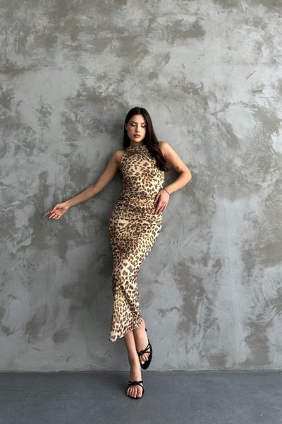 Leopar Desenli Astarlı Midi Drapeli Elbise