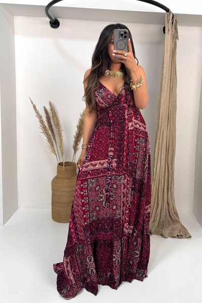 Bordo Desenli Bohem Maxi Elbise