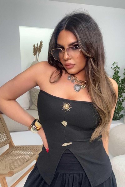 Şık Güneş Detaylı Siyah Straplez Kadın Bluz