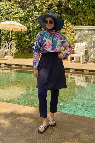 Leaf Patterned Navy Blue Modest Swimsuit