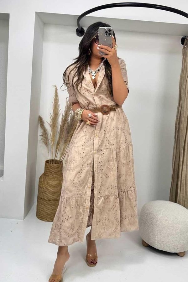 Beige Eyelet Belted Short Sleeve Long Shirt Dress | Sohotique By P