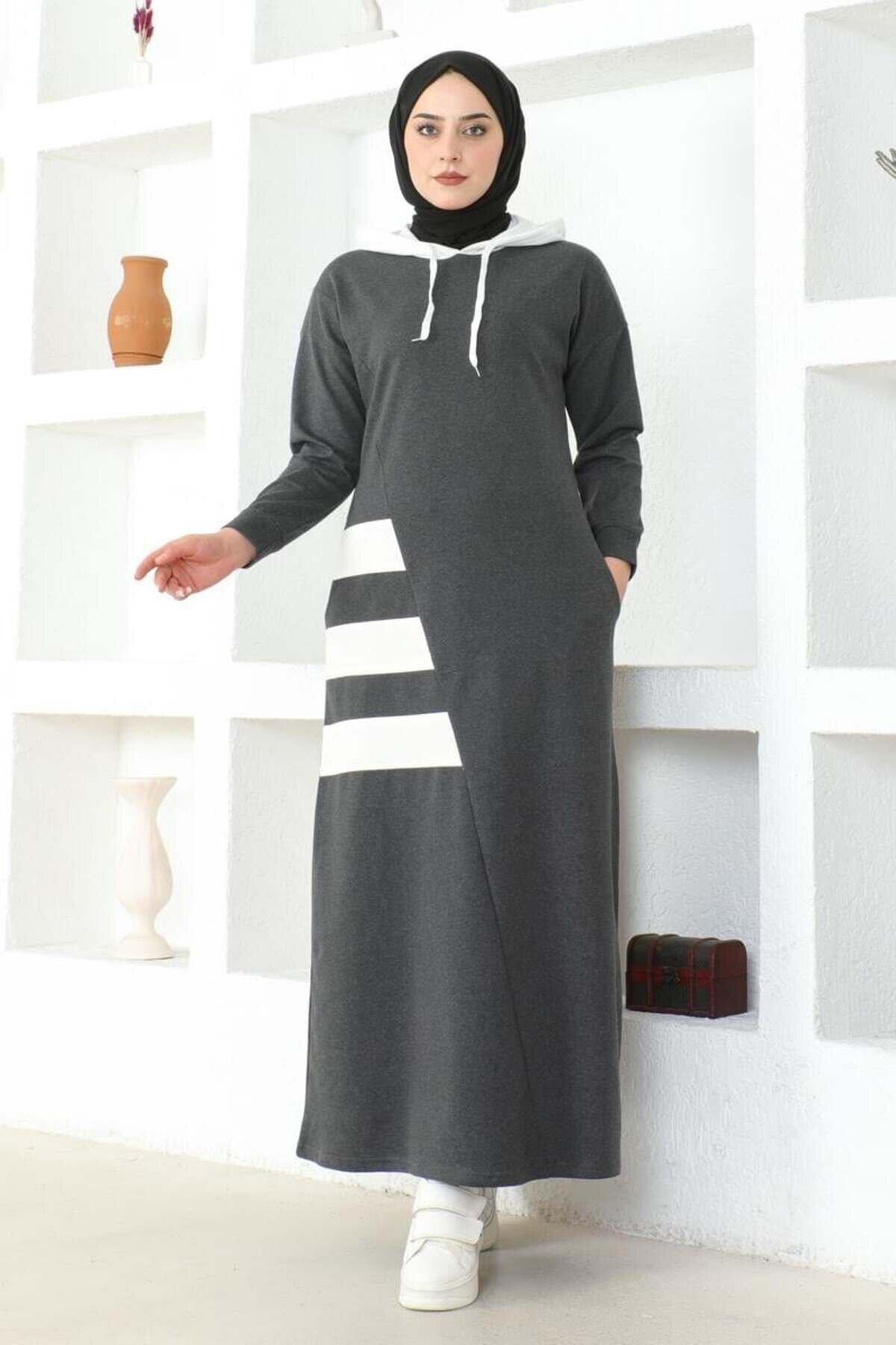 Anthracite Striped Sport Modest Dress - Mec Fashion
