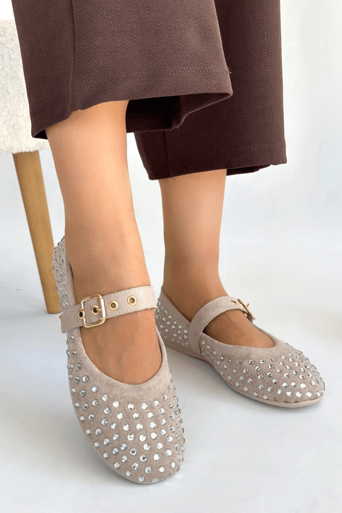 Beige Olise Bead Embellished Ballet Flats - Özer&Hermin