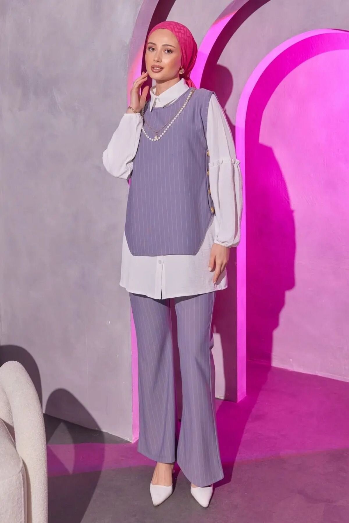 Gri Üçlü Çizgili Tesettür Takım - Mec Fashion