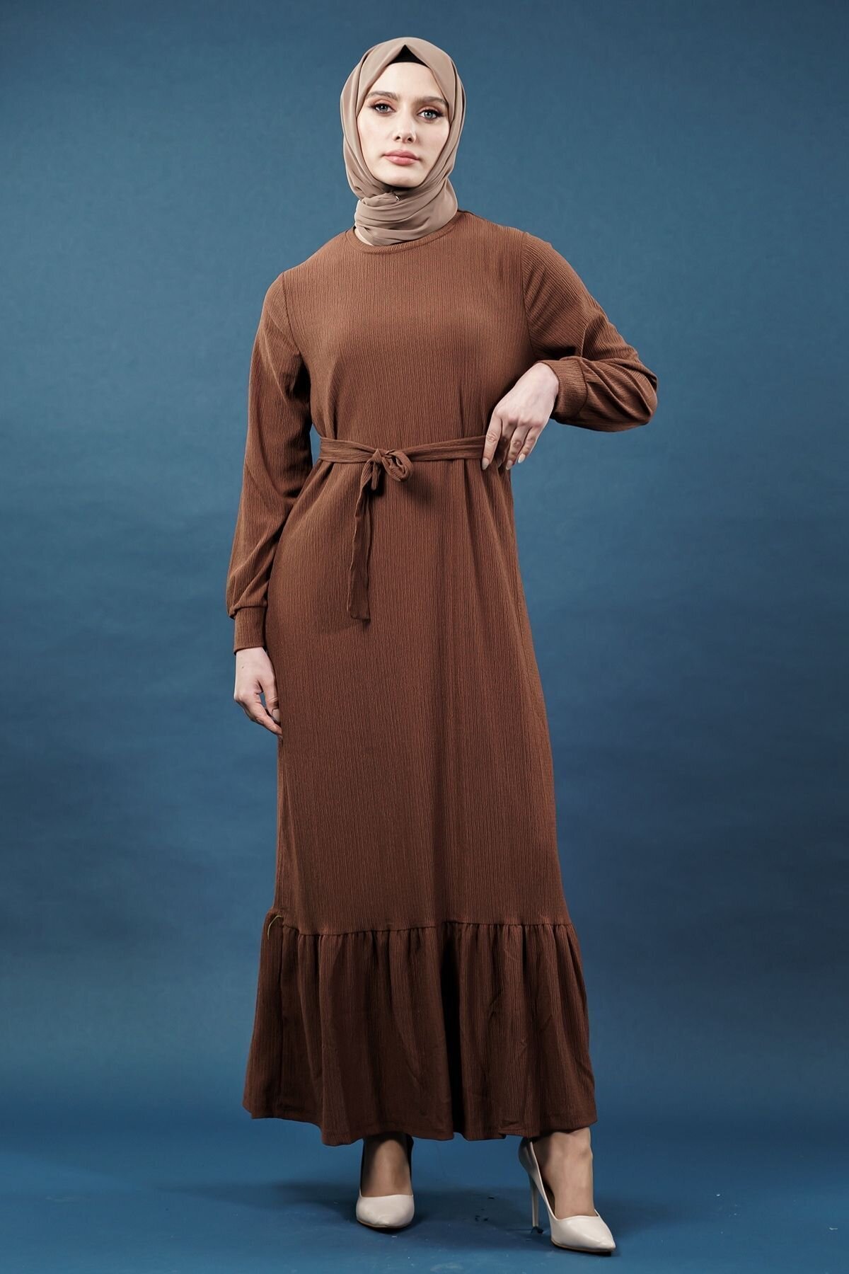 Brown Crinkle Hijab Dress - Mec Fashion