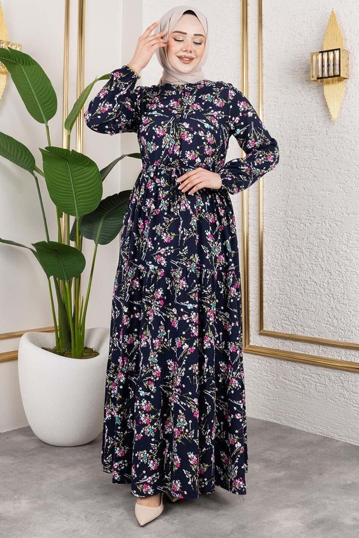 Lacivert Asel Çiçekli Viskon Tesettür Elbise - Mec Fashion