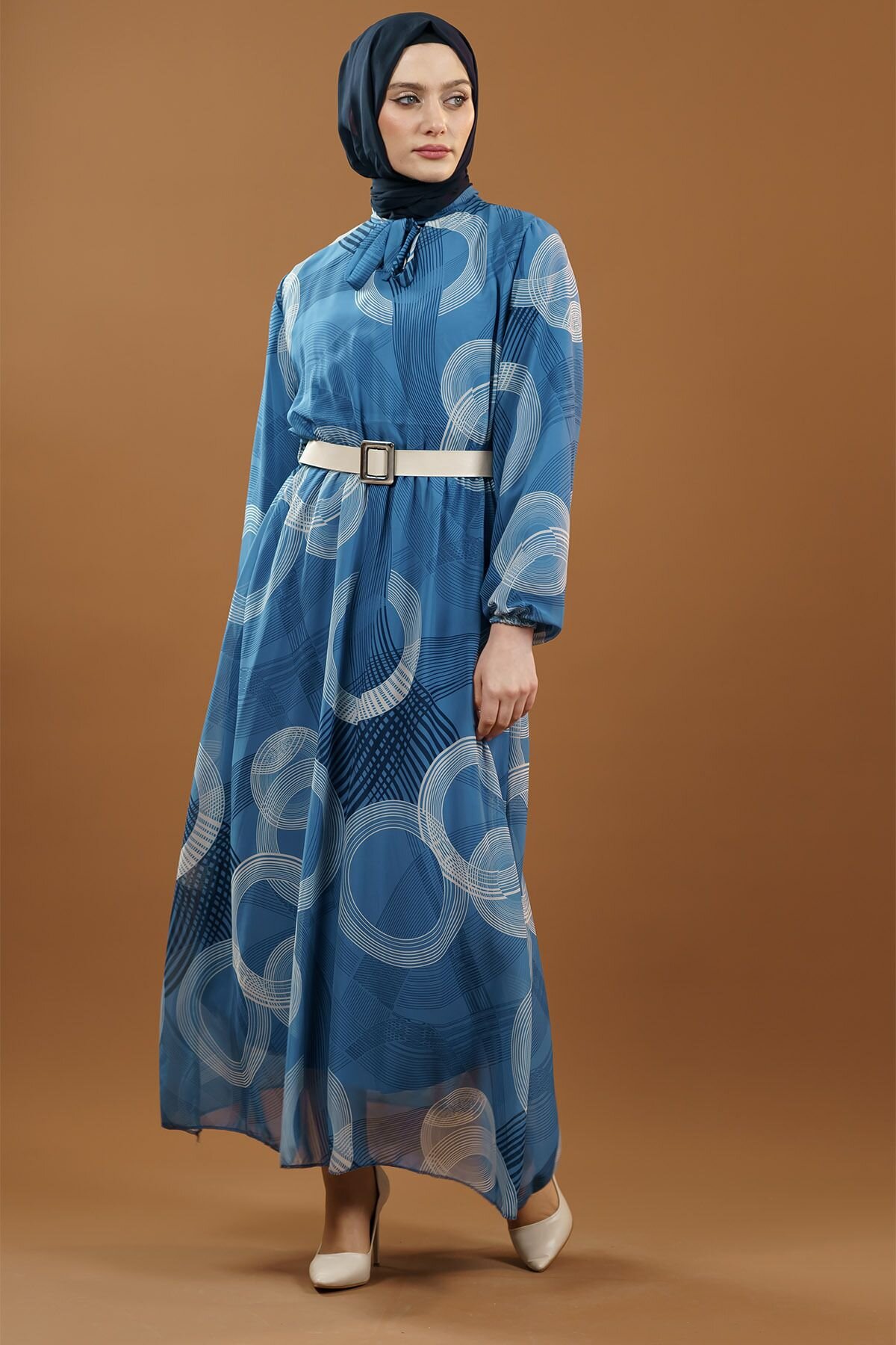 Navy Patterned Belted Modest Dress - Mec Fashion