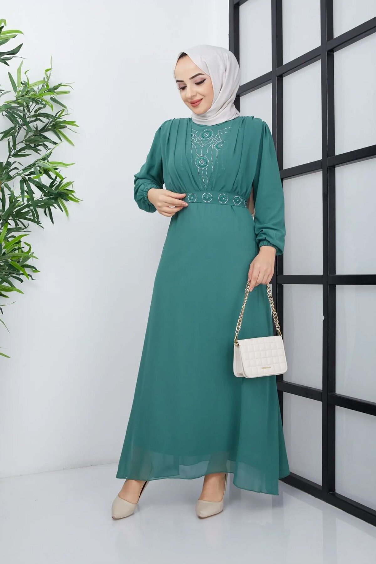 Mint İnci Detaylı Tesettür Elbise - Mec Fashion