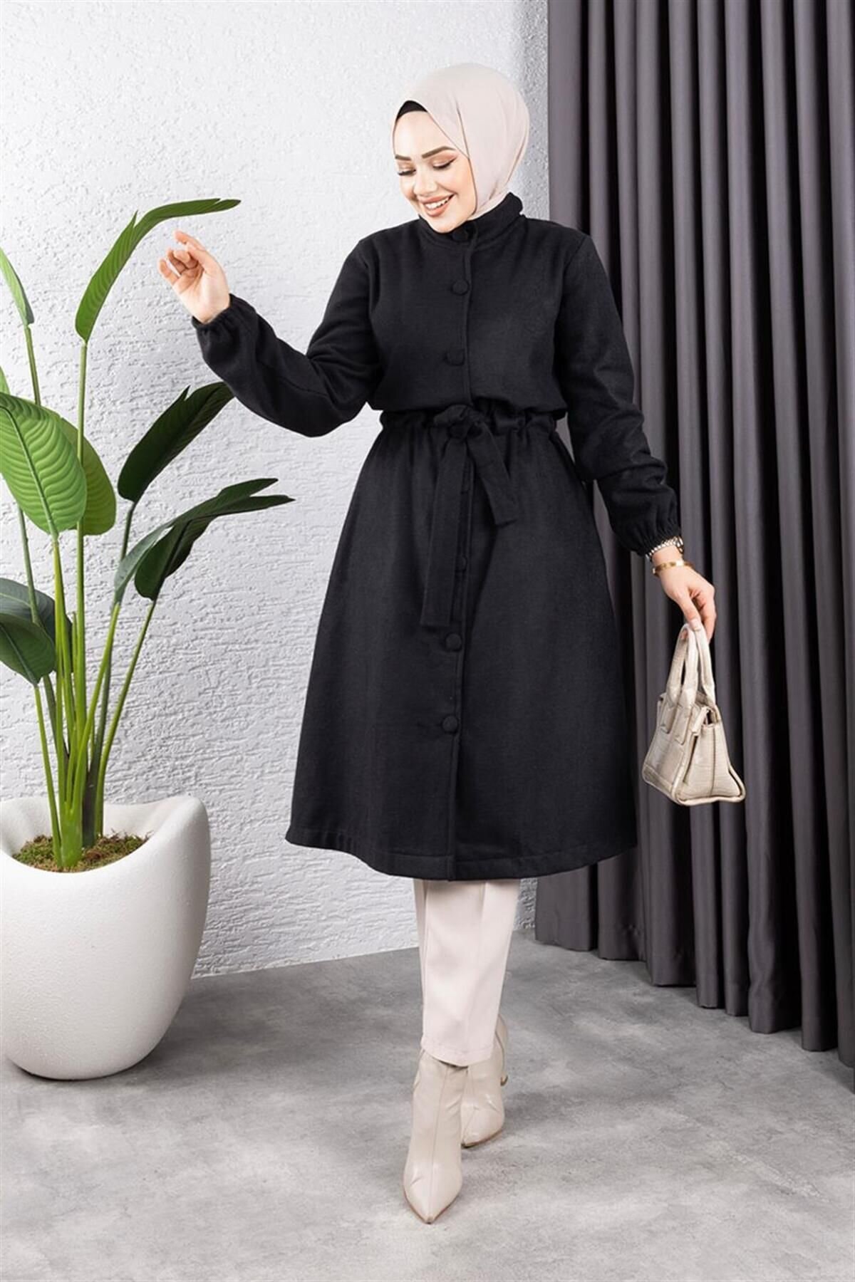 Siyah Düğme Detaylı Kaşe Kaban - Mec Fashion