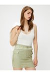 Açık Yeşil Mini Kargo Keten Karışımlı Cepli Beli Lastikli Etek
