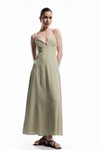 Açık Yeşil Uzun Viskon Keten Karışımlı Çan Kesim Kalp Yaka İnce Askılı Elbise