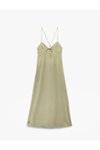 Açık Yeşil Uzun Viskon Keten Karışımlı Çan Kesim Kalp Yaka İnce Askılı Elbise