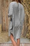 Antrasit Midi Keten V Yaka Çizgili Cepli Salaş Yazlık Giy Çık Oversize Elbise