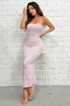 Pembe Straplez Çiçek Desenli Vücudu Saran Midi Yazlık Elbise