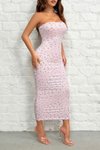 Pembe Straplez Çiçek Desenli Vücudu Saran Midi Yazlık Elbise