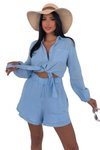 Bebe Mavi İkili Önden Bağlama Detaylı Şort Gömlek %100 Pamuk Müslin Takım