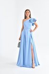 Bebe Mavi Uzun Tek Omuzlu Detaylı Yırtmaçlı Saten Abiye Elbise