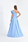 Bebe Mavi Uzun Tek Omuzlu Detaylı Yırtmaçlı Saten Abiye Elbise