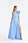 Bebe Mavi Uzun Tek Omuzlu Detaylı Yırtmaçlı Saten Abiye Elbise