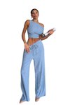 Light Blue Summer Trend Asymmetric Neck Blouse and Pants Set