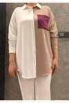 Bej Beyaz Mürdüm Renk Detaylı Arkası Uzun Kollu Dökümlü Tunik Gömlek