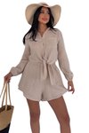 Beige Double Front-Tie Detailed Shorts Shirt 100% Cotton Muslin Set