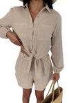 Bej İkili Önden Bağlama Detaylı Şort Gömlek %100 Pamuk Müslin Takım
