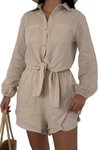 Bej İkili Önden Bağlama Detaylı Şort Gömlek %100 Pamuk Müslin Takım