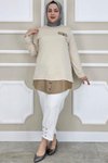 Bej Kot Kombinli Düğme Detaylı Tunik