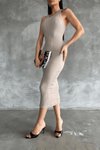 Bej Midi Halter Elbise