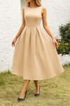 Beige Midi A-Line Scuba Fabric Dress with Pearl Detail and Open Back
