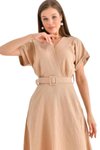 Bej Midi Yazlık Kısa Kollu Aerobin Kumaş Kemer Detaylı Gizli Cepli Elbise