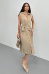 Beige Midi Summer Office Dress with Knot Detail