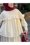 Bej Tek Düğmeli Önü Fırfırlı Taşlı Etekli İkili Takım