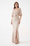 Beige Long Shimmering Sequined Balloon Sleeve Slit Square Neck Evening Dress