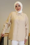 Bej Uzun Kollu Beyaz Düğmeli Gömlek