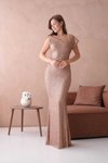 Beige Long Shoulder Detailed Sequin Mermaid Evening Dress