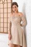 Bej Uzun Önü Kısa Madonna Yaka Dantel Detaylı Abiye Elbise