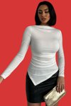 Beyaz Asimetrik Drape Detaylı Uzun Kollu Sandy Kumaş Bluz
