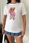Beyaz Ayıcıklı 30/1 Suprem Penye %100 Pamuk T-Shirt