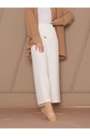 Beyaz Bağcık Detaylı Bol Paça Beli Lastikli Pantolon