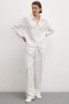 Beyaz Çizgili Beli Lastikli Pantolon Gömlek İkili Takım