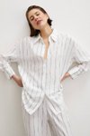 Beyaz Çizgili Beli Lastikli Pantolon Gömlek İkili Takım