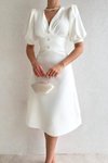 Beyaz Midi İnci Düğme Detay V Yaka Atlas Kumaş Yarım Kollu Abiye Elbise