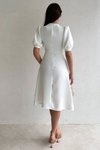 Beyaz Midi İnci Düğme Detay V Yaka Atlas Kumaş Yarım Kollu Abiye Elbise