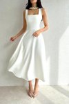 White Midi Cut Square Neck Strappy Elegant Modern Design Flared Evening Dress