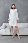 Beyaz Midi Şanel Tüvit Kumaş Önden Düğme Detaylı Şifon Kollu Sıfır Yaka Elbise