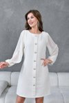 Beyaz Midi Şanel Tüvit Kumaş Önden Düğme Detaylı Şifon Kollu Sıfır Yaka Elbise
