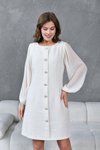 Beyaz Midi Şanel Tüvit Kumaş Önden Düğme Detaylı Şifon Kollu Sıfır Yaka Elbise