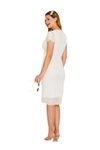 Beyaz Midi Tül Dokuma Göğüste Düğüm Detaylı Gofre Abiye Elbise
